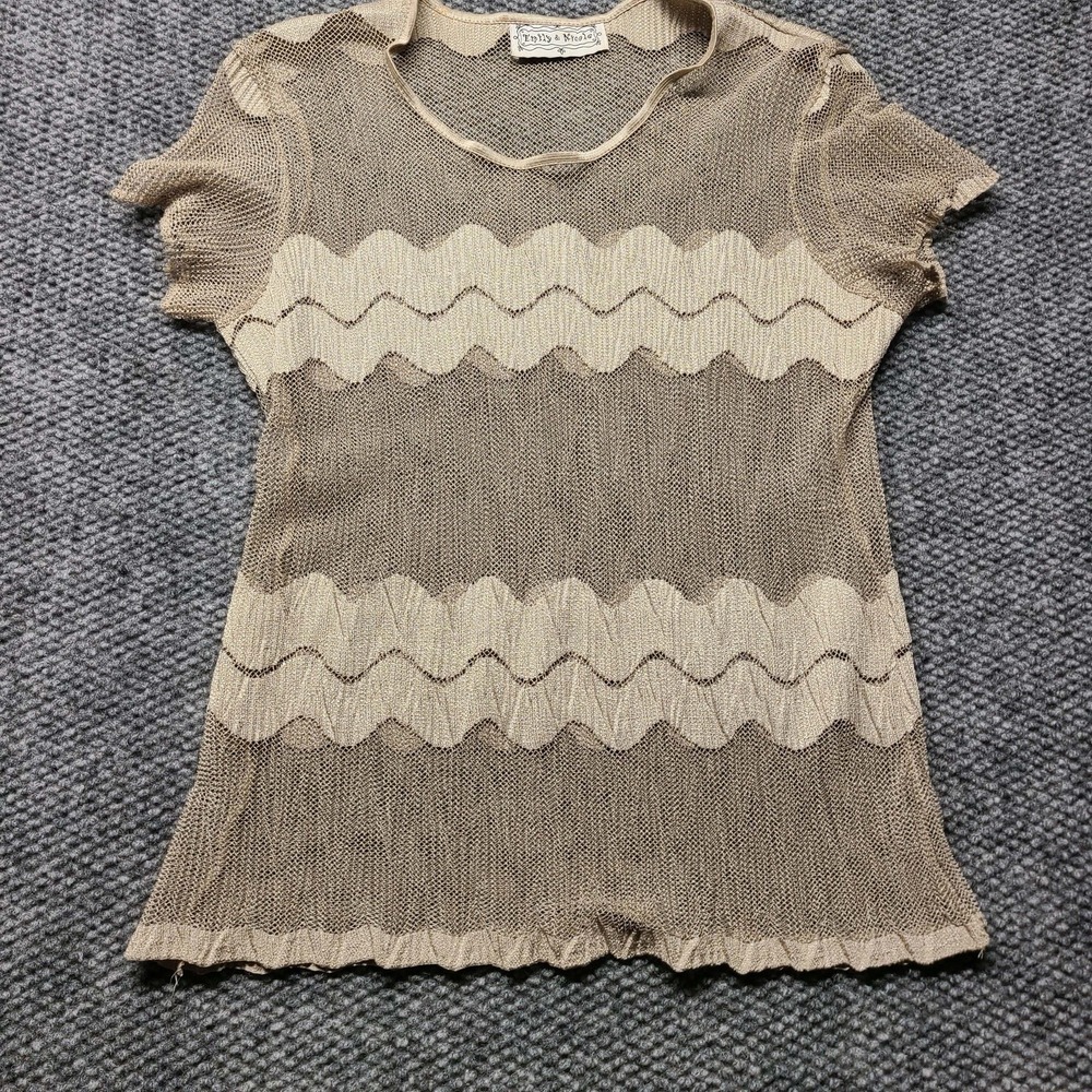 Emily & Nicole Y2K Beige Mesh Top Wavy Stripe Boho Fairycore Medium